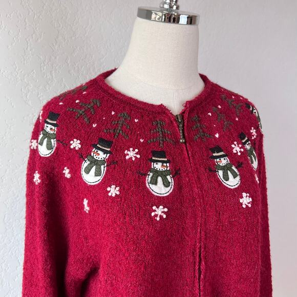 Vintage Y2K Silk & Wool Blend Zip Up Christmas Sweater Snowmen Red size PL - Picture 11 of 11